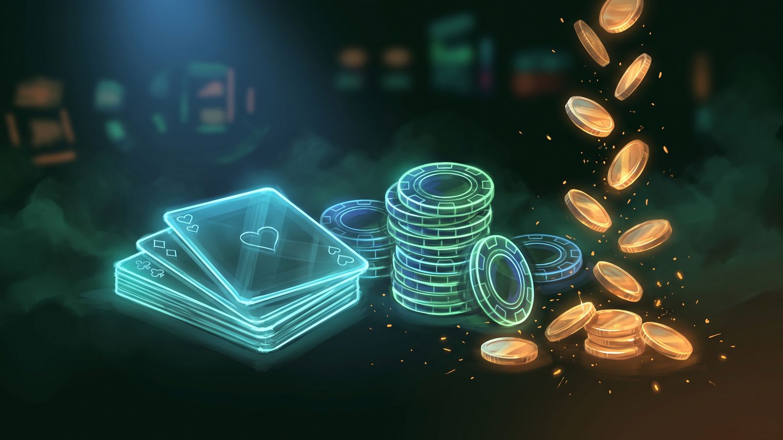 Glowing casino chips and cards against dark background