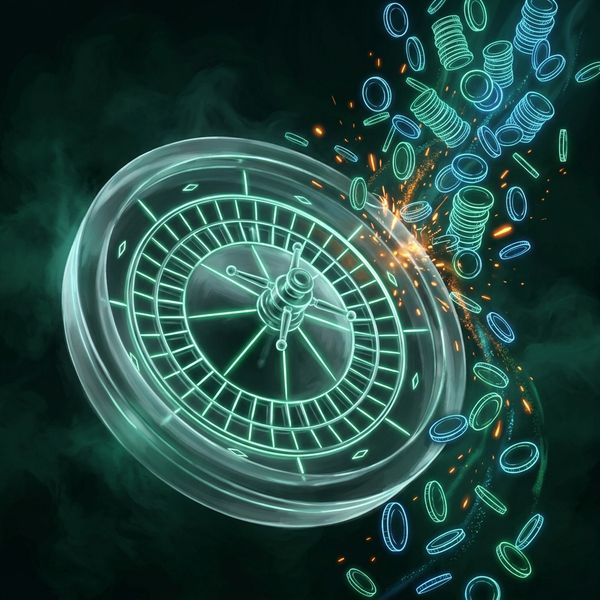 Neon roulette wheel and cascading casino coins
