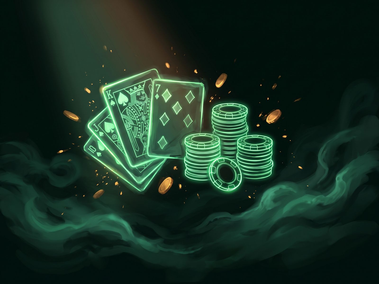 Translucent playing cards glowing with neon green outlines