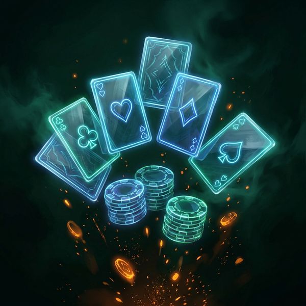 Neon-outlined playing cards and poker chip stacks