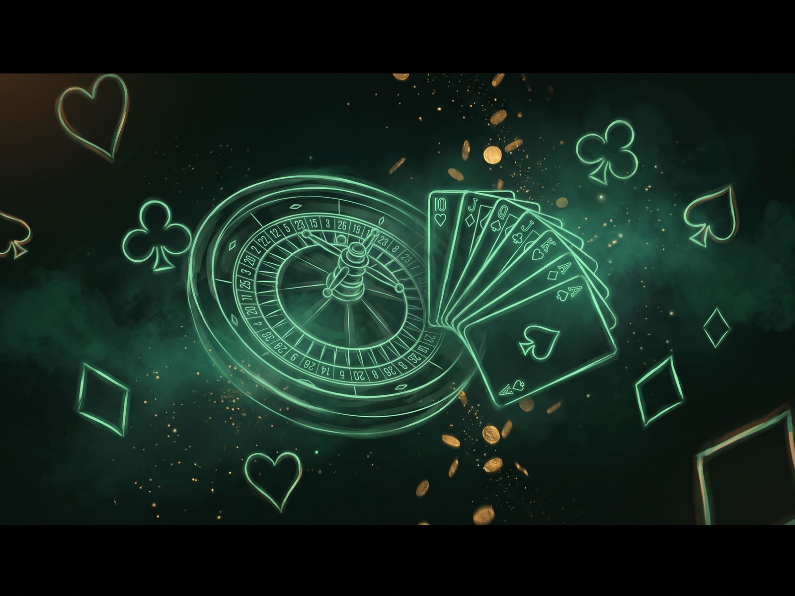 Roulette wheel and card suits glowing in neon emerald