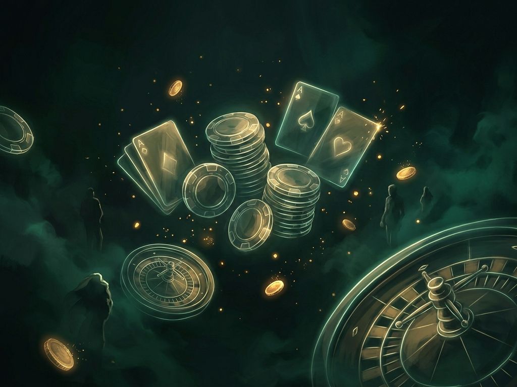 Roulette elements glow through dark atmospheric casino haze