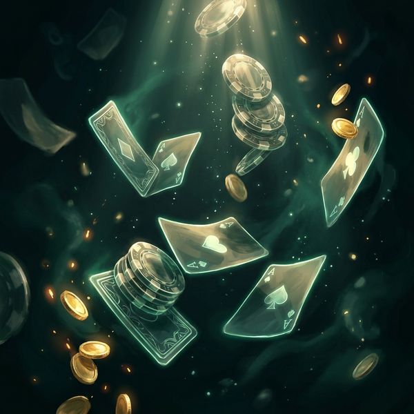 Translucent casino chips cascade through emerald haze