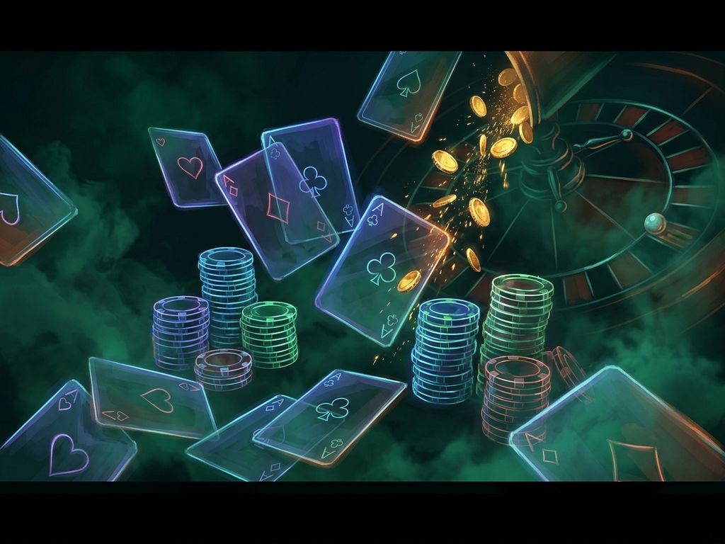 Neon casino cards and chips in darkness