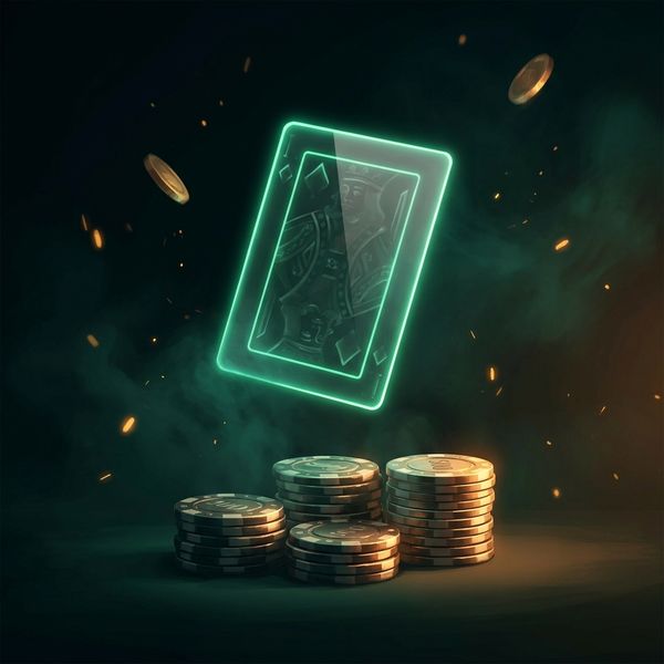 Floating neon-outlined card with casino chips