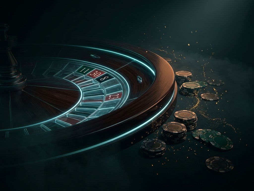 Neon-outlined roulette wheel against dark backdrop