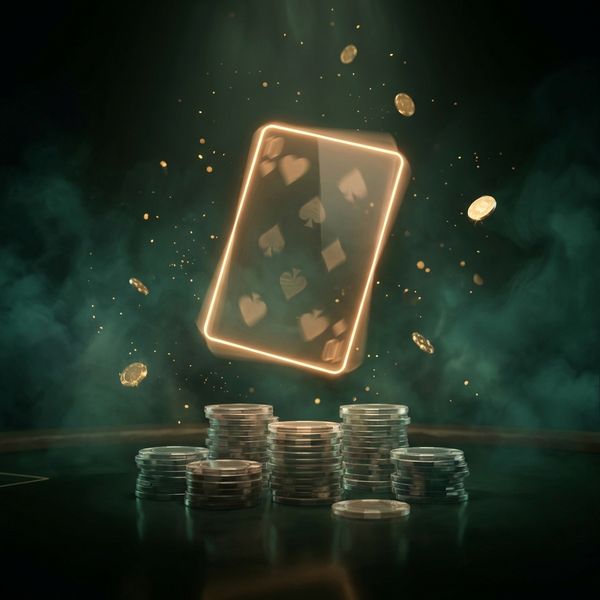 Translucent neon playing card floating above casino chips