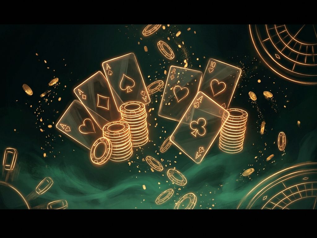 Neon-lit playing cards and chip stacks floating in emerald haze